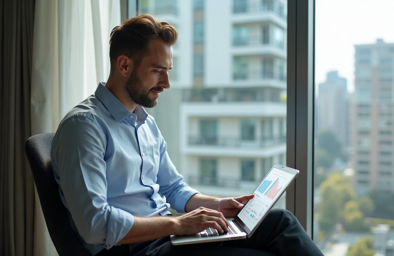 Inversionista inmobiliario revisando su portafolio con tranquilidad